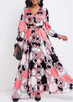 Color:Pink;Size:M;Size:L;Size:XL;Size:XXL;Package Contents:1 X Dress;Occasion:Other;Style:Casual; Print Dress Designs, Dress Designs For Women, Long Dress Plus Size, Dinner Dress Classy, Flowy Design, Geometric Dress, Dress Classy, Geometric Fabric, Party Dress Long Sleeve