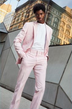 Men Pink Suit Outfit, Man In Pink Suit, Suit Pink Men, Pastel Pink Suit Mens, Monochrome Suits Men, Men’s Pink Suit, Pink Mens Outfit, Pink Formal Outfit Men, Pink Prom Suits For Men