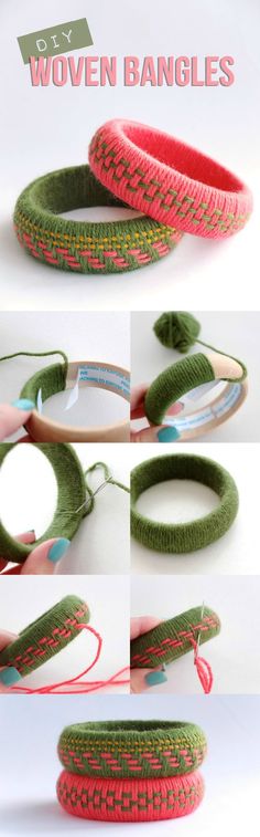 the instructions for how to make woven bangles are shown in three different pictures, one is