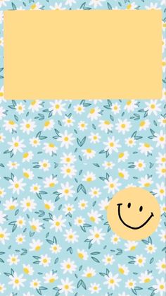 a blue and yellow flowered background with a smiley face