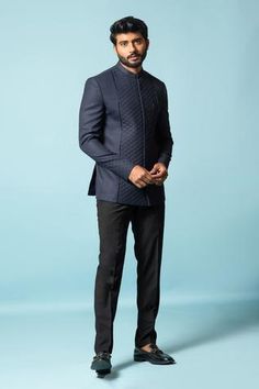 Shop for Paarsh Blue Tricot Yacht Master Quilted Bandhgala Set for Men Online at Aza Fashions Band Gala Suit Men, Blue Bandhgala, Black Slim Fit Trousers, Prince Suit, Cutdana Work, Mazarine Blue, Formal Dresses For Men, Reception Outfit, Yacht Master