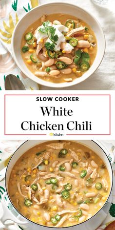 slow cooker white chicken chili recipe in a bowl