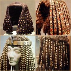 several pictures of different types of hair and headdress on mannequins