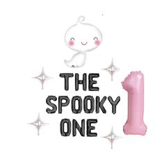 the spooky one 1 balloon is pink and has a white ghost on it