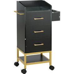 a black and gold cart with three drawers on it's sides, one drawer is open