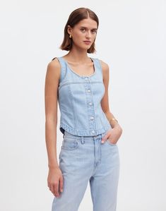 Denim Button-Front Top in Fitzgerald Wash Summer Square Neck Top With Buttons, Square Neck Top With Buttons For Summer, Classic Cotton Denim Top For Summer, Classic Summer Denim Cotton Top, Summer Tops With Square Neck And Button Closure, Summer Square Neck Top With Button Closure, Square Neck Summer Tops With Button Closure, Cropped Cotton Denim Top With Buttons, Fitted Square Neck Top With Buttons