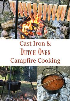 cast iron and dutch oven campfire cooking cookbook cover with images of food cooking over an open fire