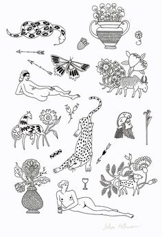 black and white drawing of different types of animals, plants and flowers in vases