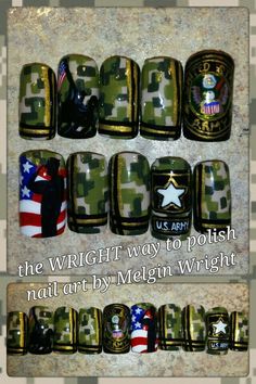 U.S Army nail art! Hand painted nail art. Painted with Nail polish and acrylic paint by Melgin Wright  http://www.facebook.com/TheWrightWayToPolishNailArtByMelginWright  http://pinterest.com/melginswright/boards/ Army Nails Design, Army Nail Art, Military Nails, Army Graduation, Army Nails, Nail Tech School, Hand Painted Nail Art