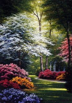 a painting of flowers and trees in a park