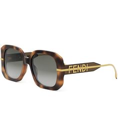 From FENDI&#x2C; these women's sunglasses feature:Tortoise acetate frameGeometric shapeRx-ableSmoke gradient lensNon-polarizedApprox. 55mm lens - 18mm bridge - 140mm templeImported. Fendi Sunglasses Women 2022, Designer Sunglasses With Gradient Lenses, Fendi Glasses, Fendi Eyewear, Fendi Women, Sunglasses Brown, Zegna Shoes, Tortoise Sunglasses, Glasses Sunglasses