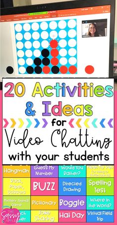 a computer screen with the text 20 activities and ideas for video chating with your students