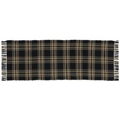 a black and tan plaid rug with fringes on the bottom, against a white background