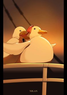 two white ducks sitting on top of a wooden pole next to each other in front of an orange sky