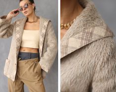 "Vintage beige plaid soft wool jacket short coat. Button and chain closure, two pockets, matching fabric belt, no lining.  Material is soft and pleasant to touch wool blend. Fits like size S-M Measured laying flat (double for circumference): 28'' / 71 cm long 21'' / 53 cm armpit to armpit 19.5'' / 50 cm waist 16\" / 41 cm shoulders seam to seam 23.5'' / 60 cm sleeve length from neck to cuff Great vintage condition." Beige Plaid, Fabric Belt, Short Coat, Soft Wool, Wool Jacket, Wool Blend, Jackets For Women, Sleeve Length, Plaid