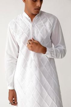 Shop for Rajesh Pratap Singh - Men White Cotton Pawta Pintuck Kurta Set for Men Online at Aza Fashions Elegant Long Sleeve Kurta With Geometric Embroidery, Traditional Long Sleeve Kurta With Pintucks, Fitted Long Sleeve Kurta With Pintucks, Traditional Cotton Kurta With Button Cuffs, Elegant Fitted Kurta With Pintucks, Traditional Fitted Kurta With Button Cuffs, Traditional White Kurta With Buttons, Kurta Set Men, Men Kurta