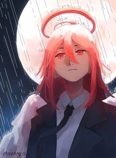 a woman with red hair and an angel halo over her head, standing in the rain