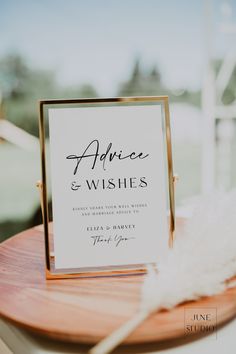 a sign that says advice and wishes on it sitting on top of a wooden table