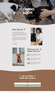 the landing page for a pet store with two dogs and one person holding a dog