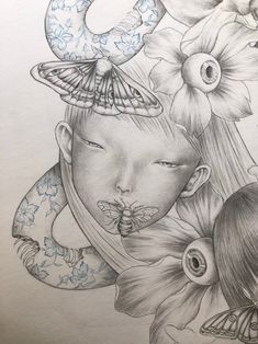 a drawing of a girl with flowers and butterflies on her head, surrounded by other drawings