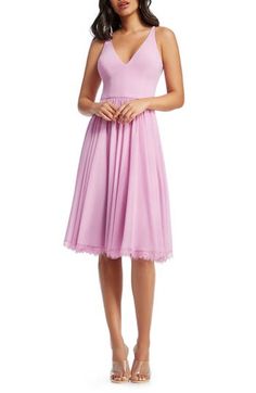 Offering textural contrast in a monochromatic palette, this versatile party dress pairs a fitted crepe bodice with a softly gathered chiffon skirt. Slender straps and a plunging neckline highlight luminous skin, while a scalloped lace hem makes a romantic finish. 43" length (size Medium) Hidden back-zip closure Deep V-neck Sleeveless Lined 95% polyester, 5% spandex bodice; 100% polyester skirt Machine wash, line dry Imported Special Occasion Adriana Papell Dress, Tea Length Cocktail Dresses, Cocktail Dress Nordstrom, Fit And Flare Cocktail Dress, Wedding Dress Gallery, Lace Dress Design, Monochromatic Palette, Polyester Skirt, Embroidered Lace Dress