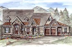 this is an artist's rendering of a house in the country side with mountains behind it