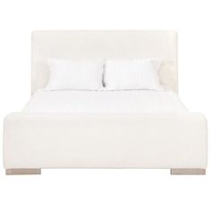 a bed with white linens and pillows on it's headboard, against a white background