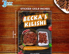 an advertisement for beef's kilishi is displayed on a wooden table with other food items