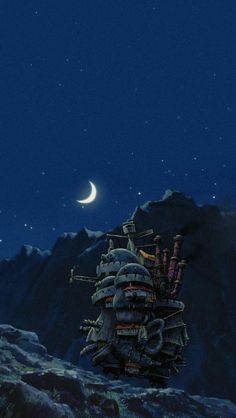 a large ship floating on top of a mountain under a moon filled sky