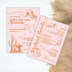 two pink and orange wedding cards with the words, you are married to luke's last rodeo bachelor