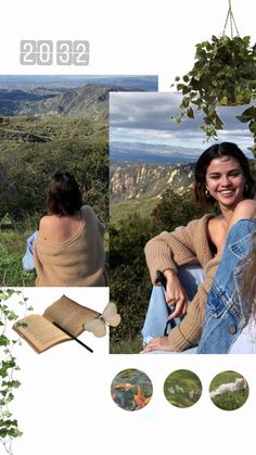 a collage of photos with two women sitting on the ground and one is holding a book