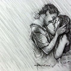 a drawing of two people hugging in the rain