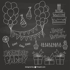 birthday party items drawn in chalk on a blackboard