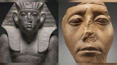 two images of an ancient egyptian mask and another image of the face of pharaoh tutane