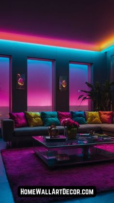 a living room filled with furniture and colorful lighting