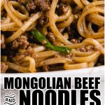 there is a plate of noodles with meat and vegetables on the side that says, mongolian beef noodles