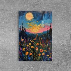 an acrylic painting of a sunset over a field of wildflowers