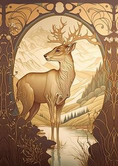 a deer standing in front of a lake surrounded by trees