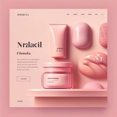 a website page with pink and white cosmetics items on the shelf in front of it