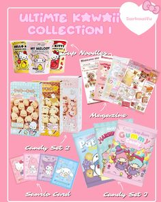 an advertisement for the hello kitty collection is shown in pink and has various items on it