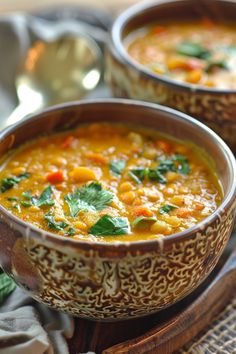 Two bowls of lentil soup garnished with fresh cilantro. Lentil Coconut Soup, Lentil Coconut