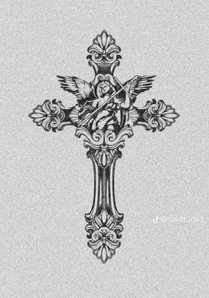 a cross with an angel on it is drawn in black and white ink by hand