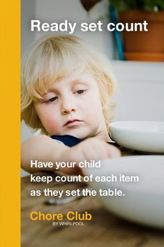 a little boy sitting at a table with his head on a plate and the caption reads, ready set count have your child keep count of each item as they set