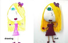 two drawings of children's faces with different colored hair and one drawing of a girl