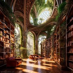 an artist's rendering of a library with bookshelves and plants on the ceiling