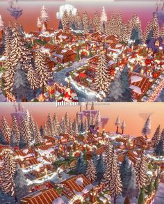 an animated city with lots of trees and lights in the night, on top of snow covered ground