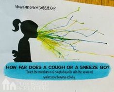 a sign with an image of a child blowing grass on it that says how far does a cough or sneeze go?