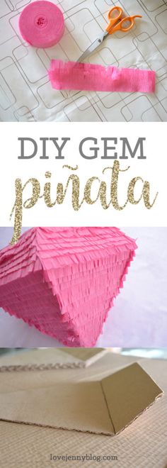 the process to make a diy gem pinata with pink icing and gold glitter