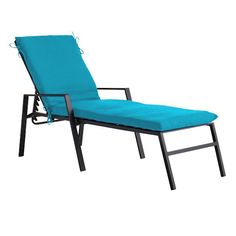 a blue chaise lounge chair sitting on top of a white floor next to a metal frame