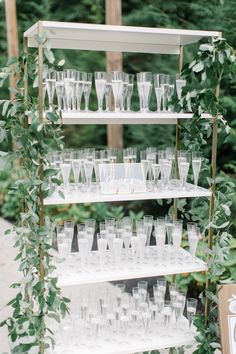 a shelf filled with glasses and greenery on top of a wooden table in front of trees